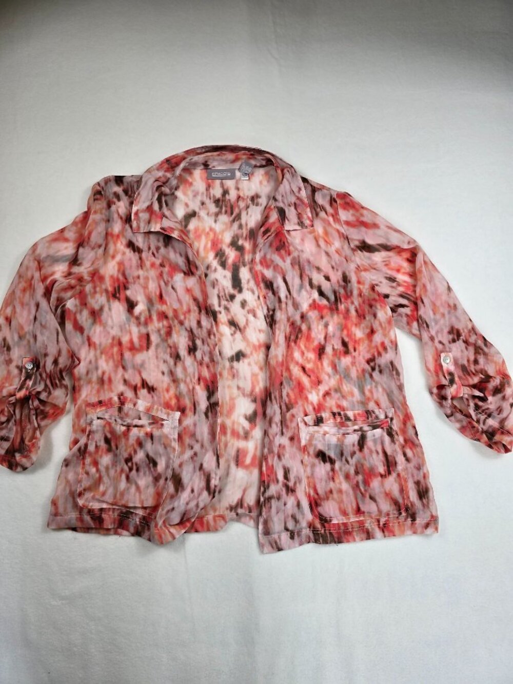 Chicos Size 2 Large Pink & Orange Abstract Print Sheer Lightweight Open-Front Ja